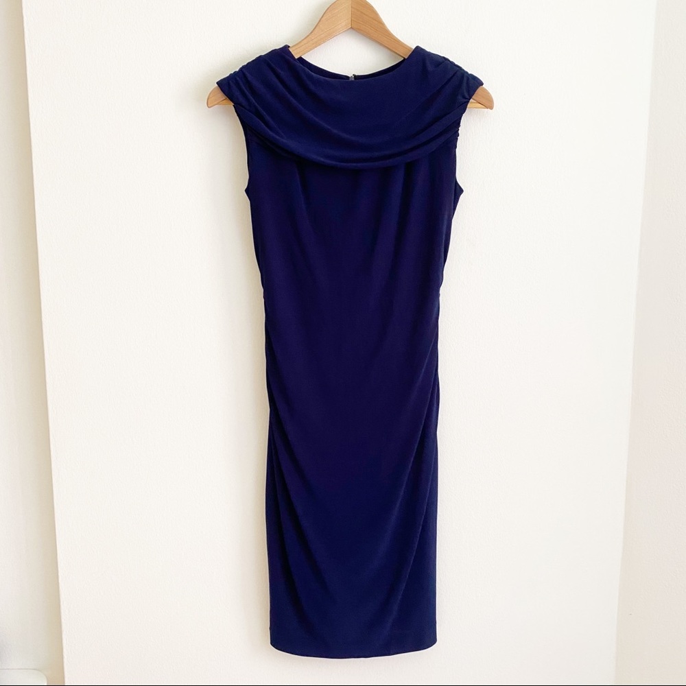 Mikael Aghal Spandex Cowl Neck Sleeveless Fitted Mini Dress Navy Blue 6